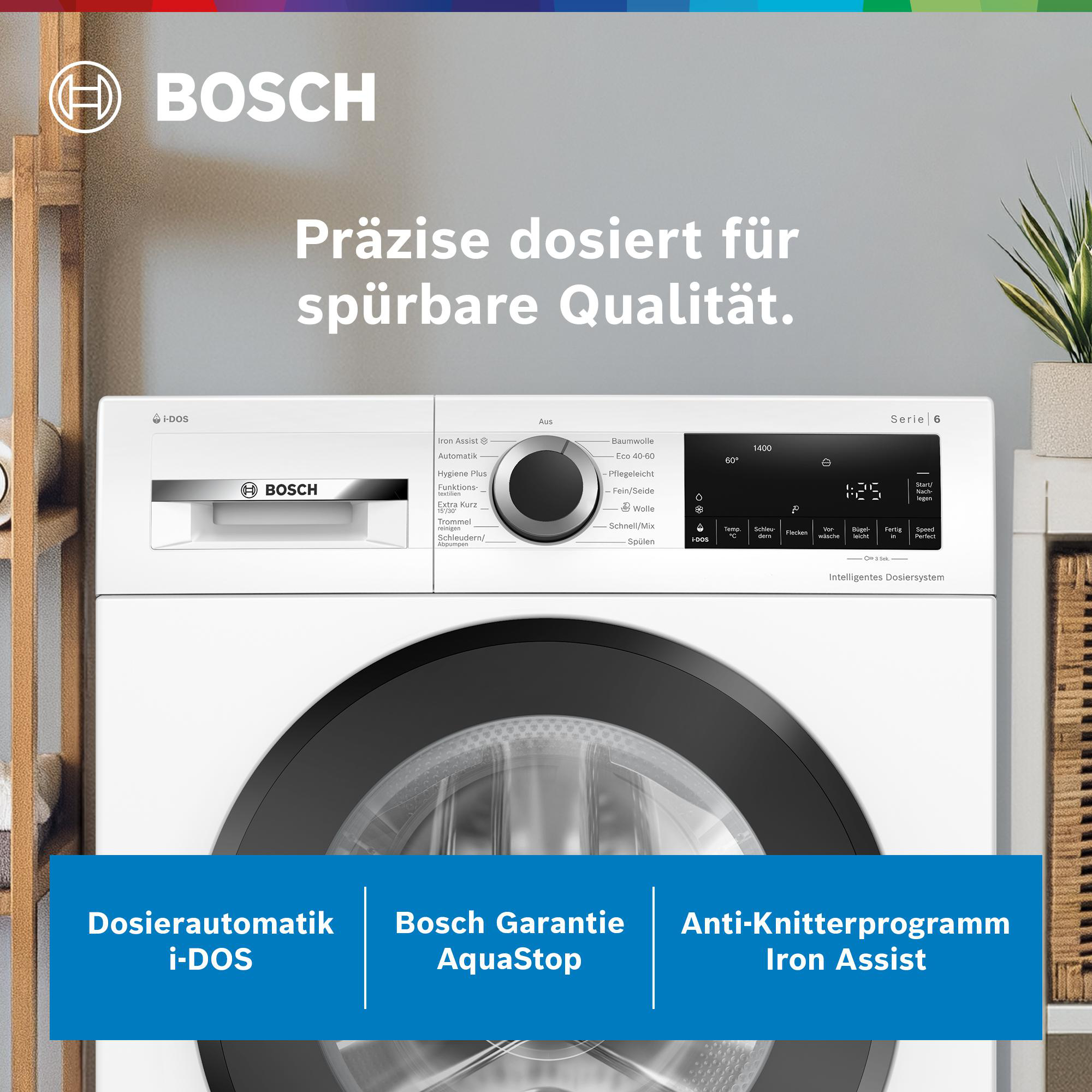 Eine weiße Bosch Waschmaschine mit Bedienfeld und Tür. Texte heben Funktionen hervor.
