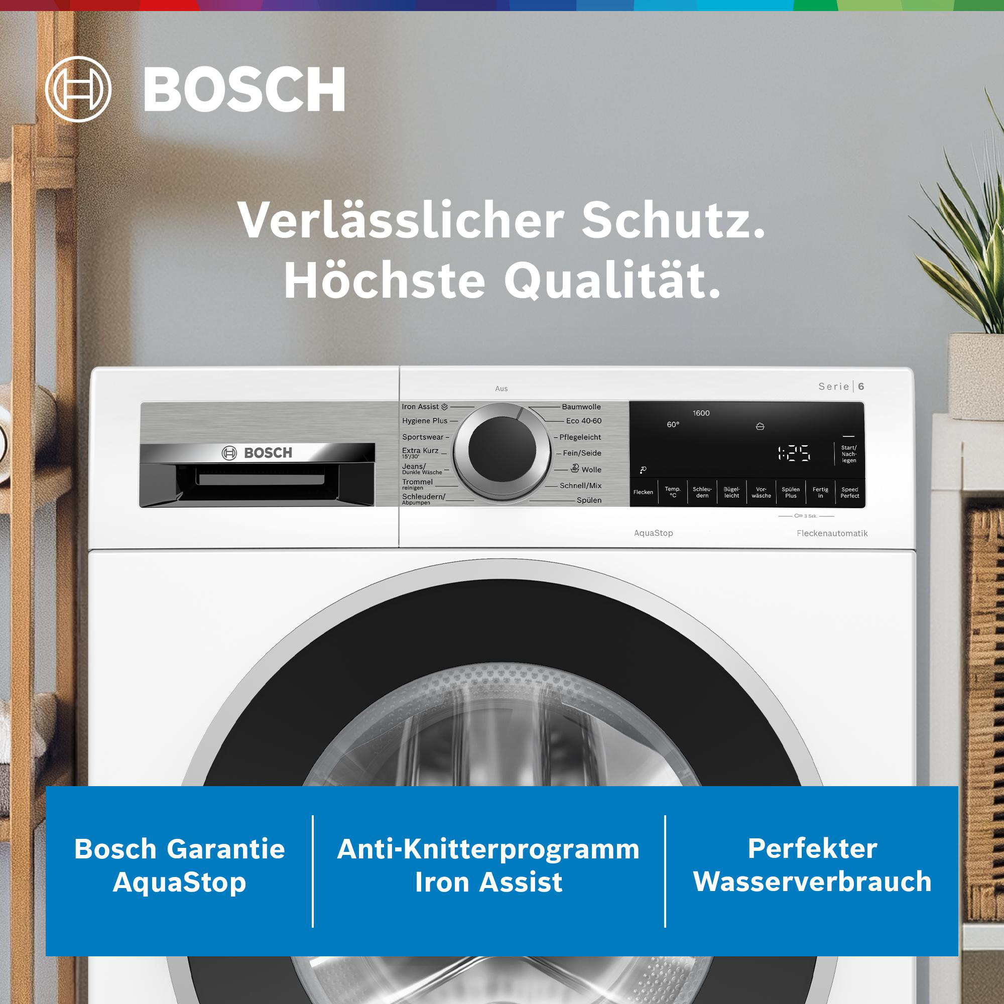 Eine weiße Bosch Waschmaschine der Serie 6 mit Bedienfeld und Display.