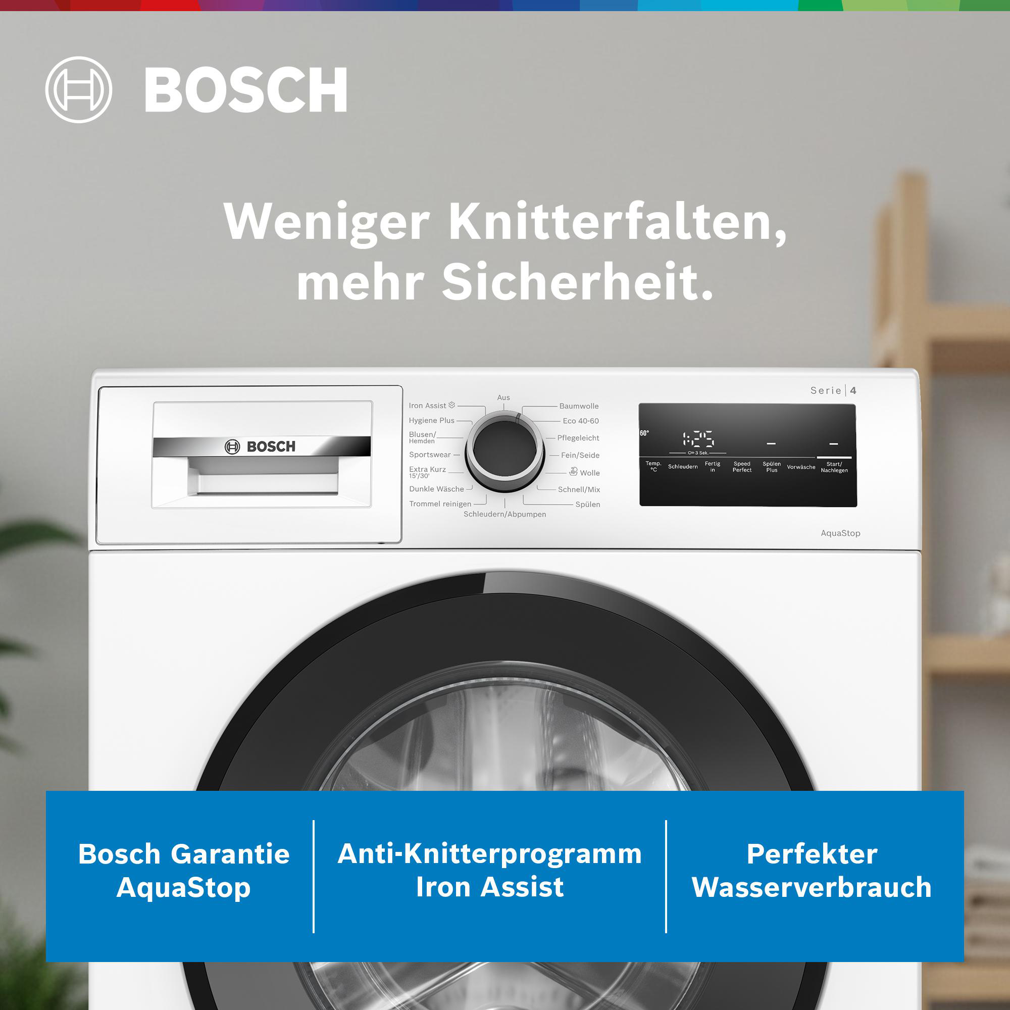 Bosch Waschmaschine mit Bedienfeld und Tür, mit Text über Faltenreduktion.