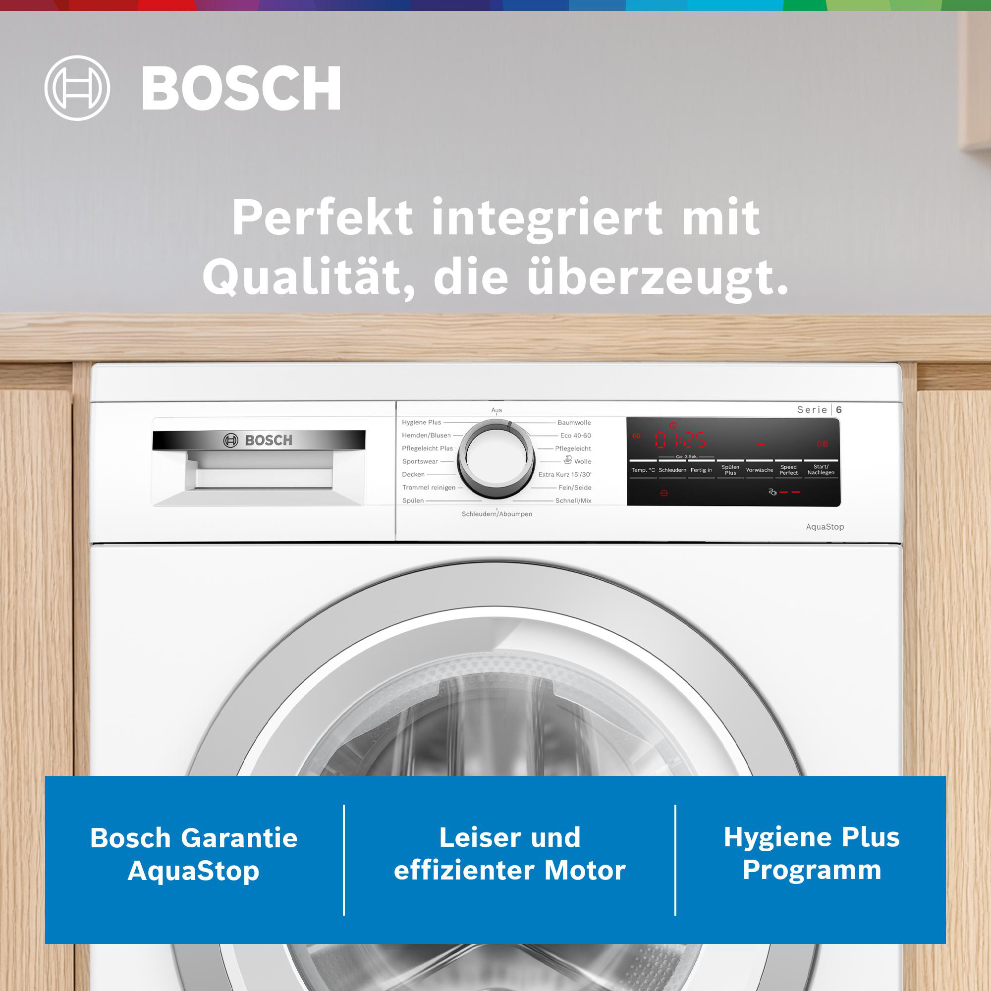Eine weiße Bosch Waschmaschine der Serie 6 mit Bedienfeld und Trommel.
