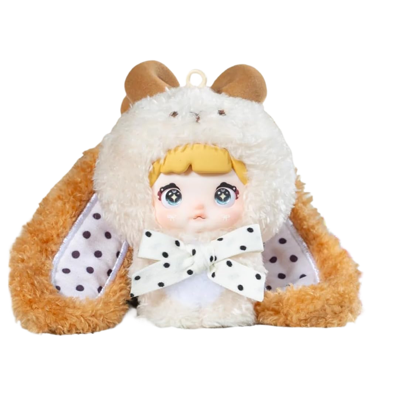 Eine Puppe mit einem flauschigen braunen Hasen-Overall und einem weißen gepunkteten Schleifenkragen.