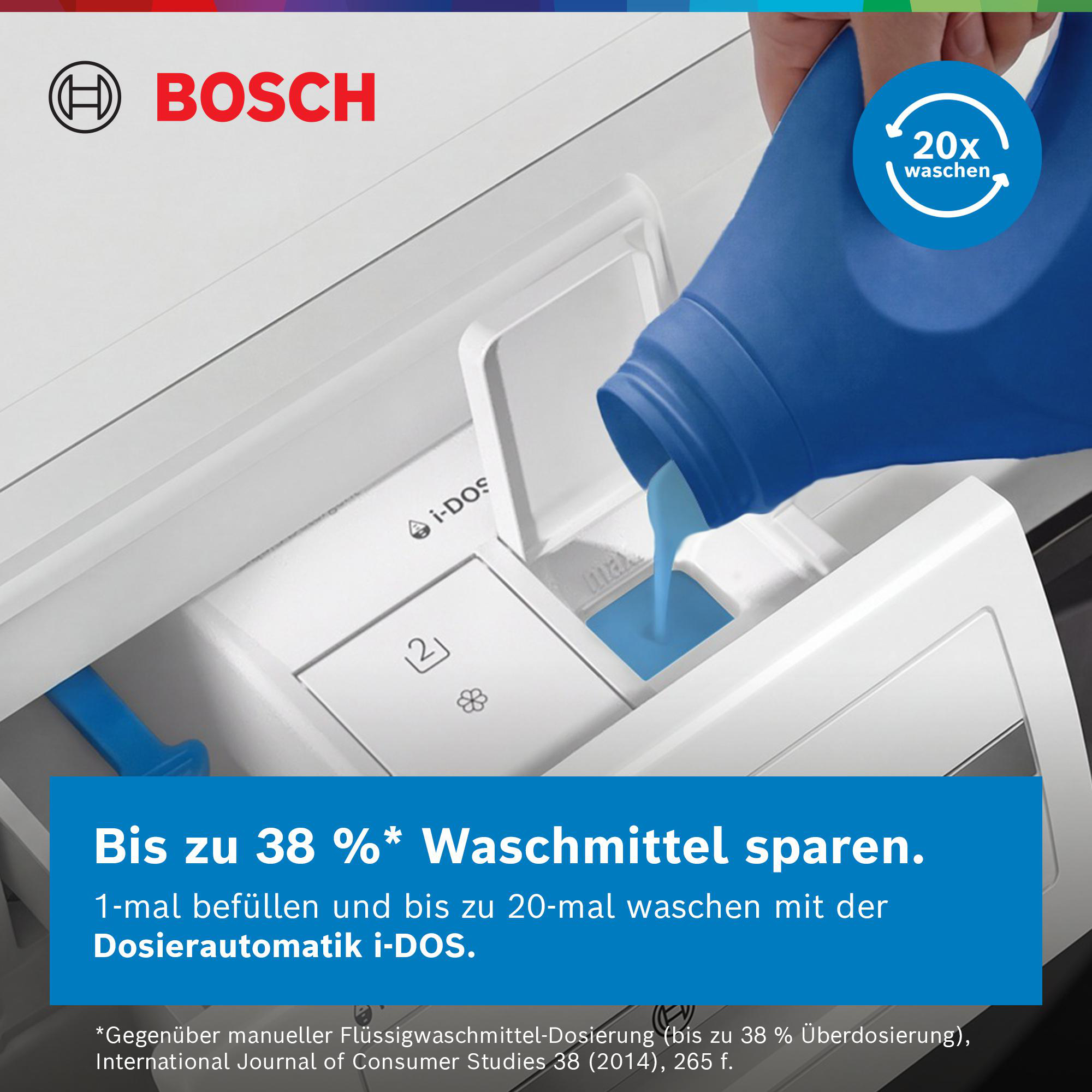 Blaues Waschmittel wird in eine Waschmaschine gegossen.