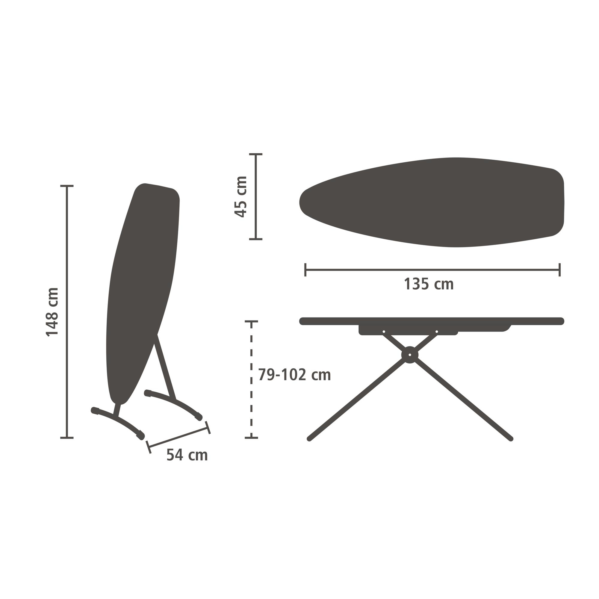 Ein Bügelbrett mit Maßen: 148 cm hoch, 45 cm breit, 135 cm lang.