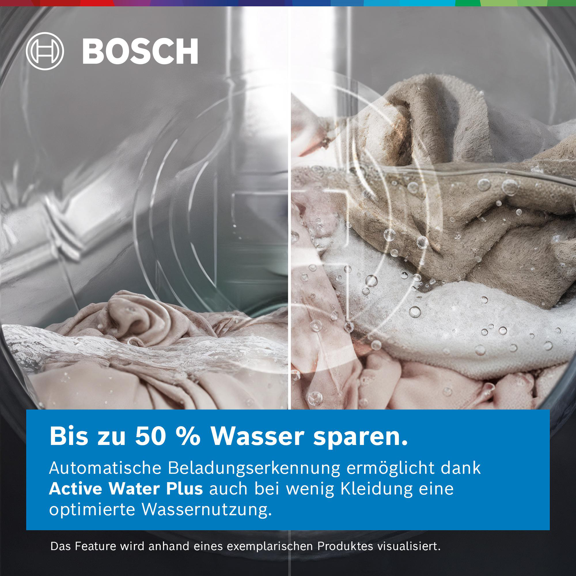 Bosch Logo und Wäschetrommel mit nassen Textilien, Wassereinsparung.