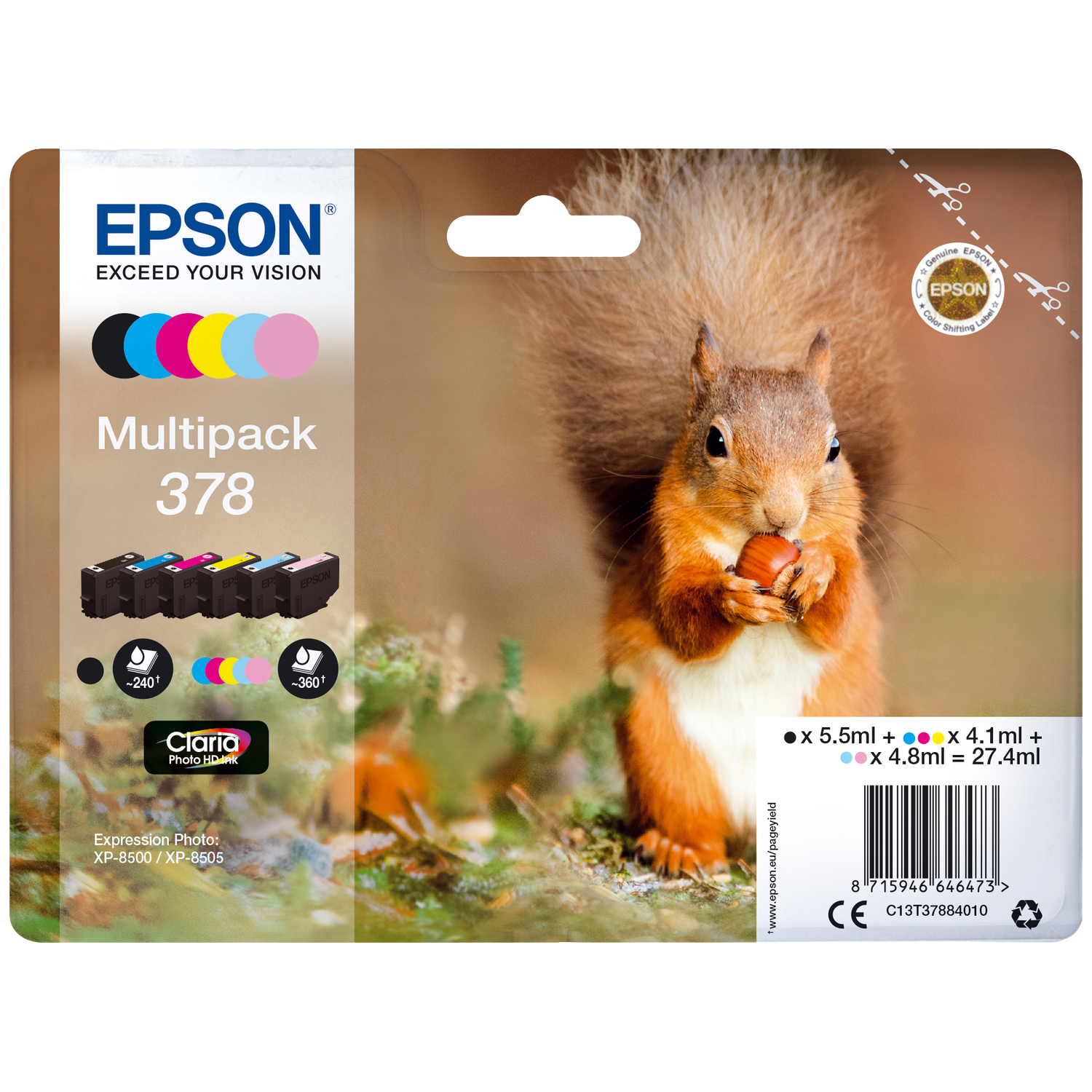 Epson 378 multipack met eekhoornafbeelding, vier inktcartridges.