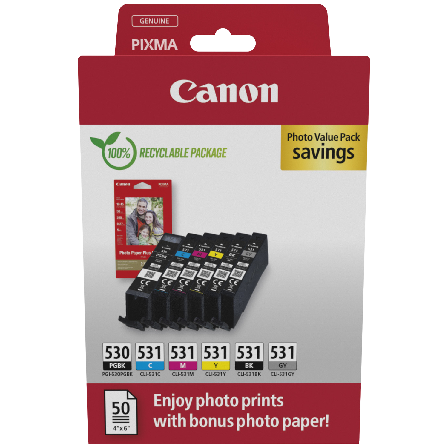 Canon PIXMA inktcartridge voordeelpakket met fotopapier. Bevat PGBK, C, M, Y, BK, GY cartridges.