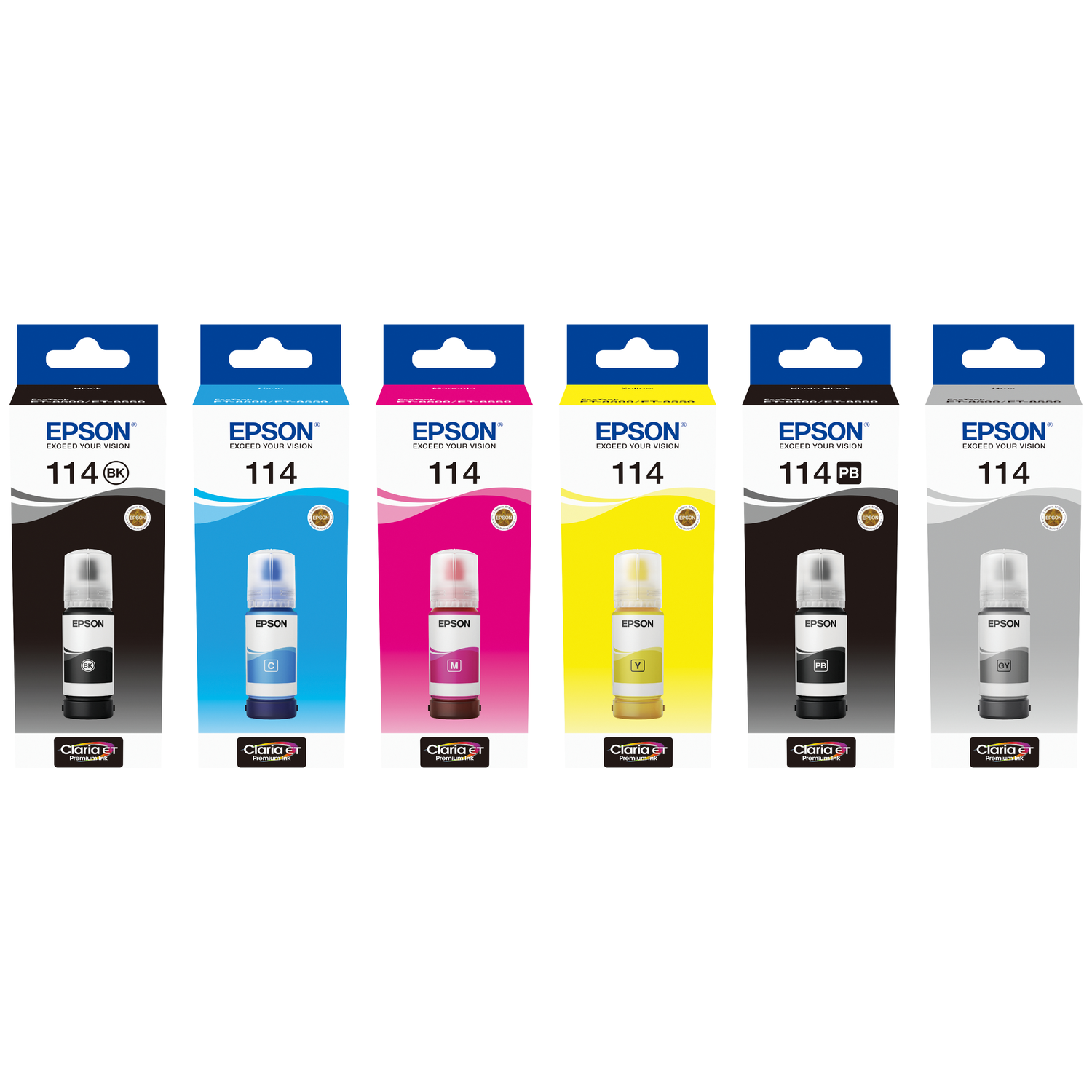 Six Epson 114 ink bottles in black, cyan, magenta, yellow, photo black, and gray.