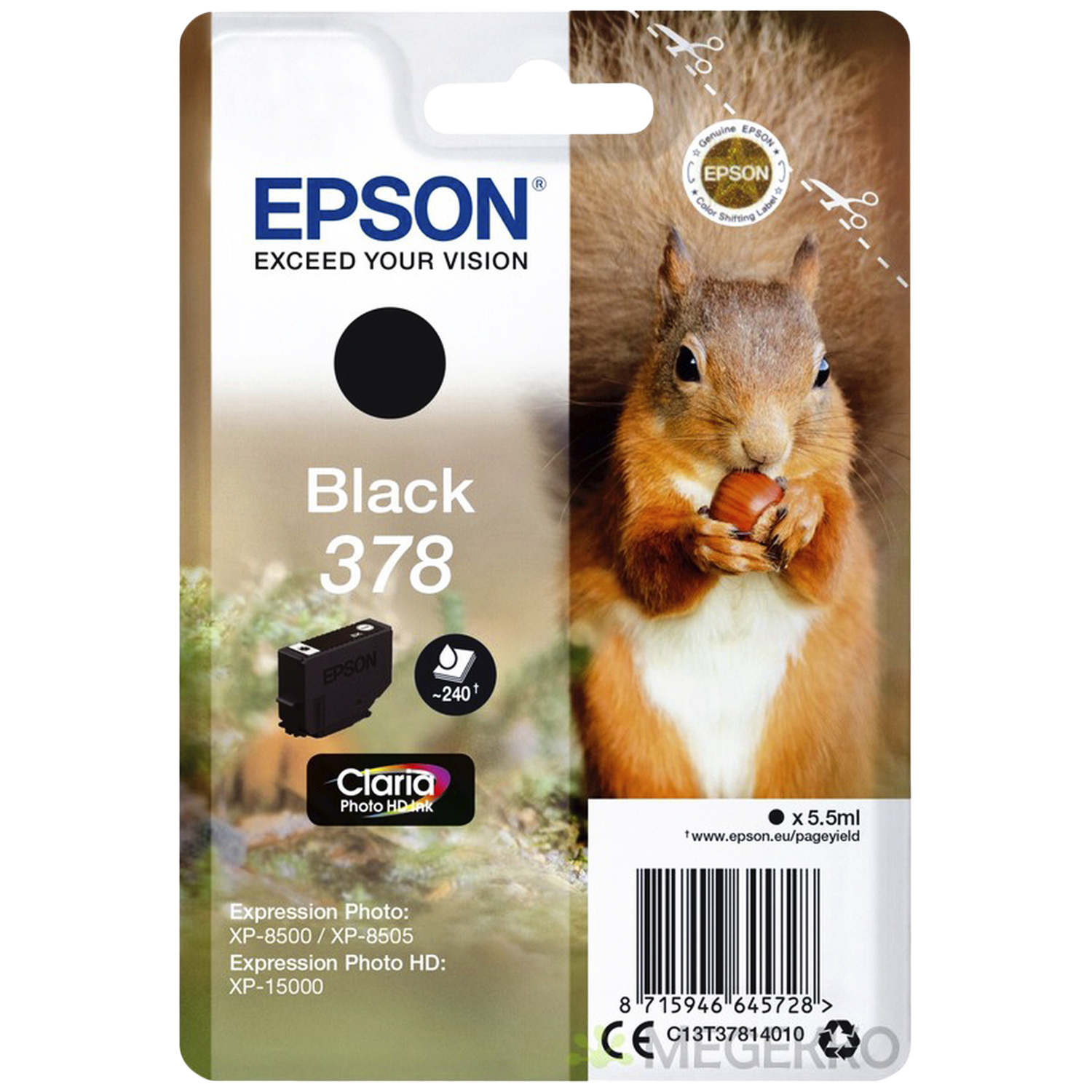 Verpakking Epson 378 zwarte inktcartridge met eekhoornafbeelding en productdetails.