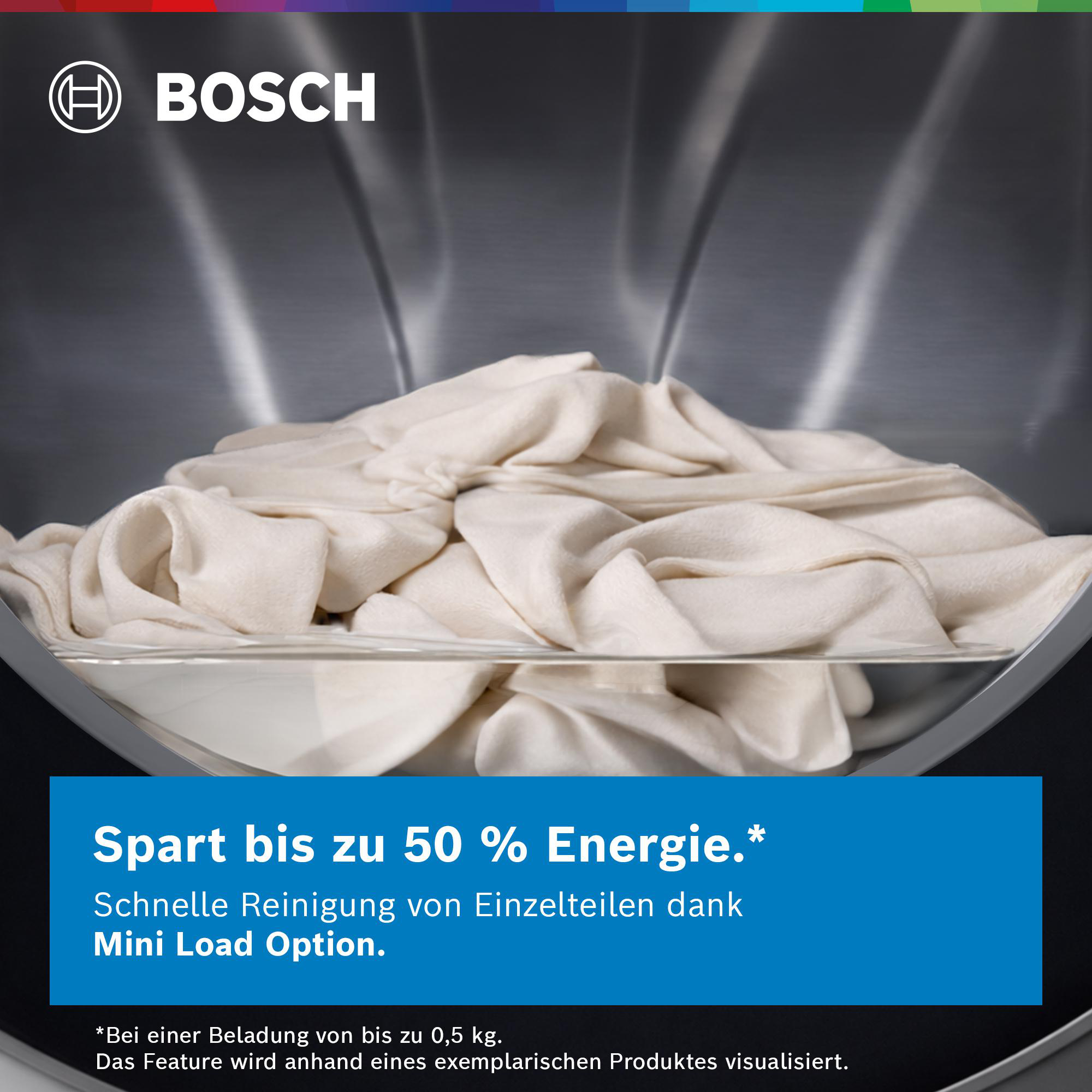 Bosch Logo über einem Wäschetrockner mit weißer Wäsche, der Energie spart.