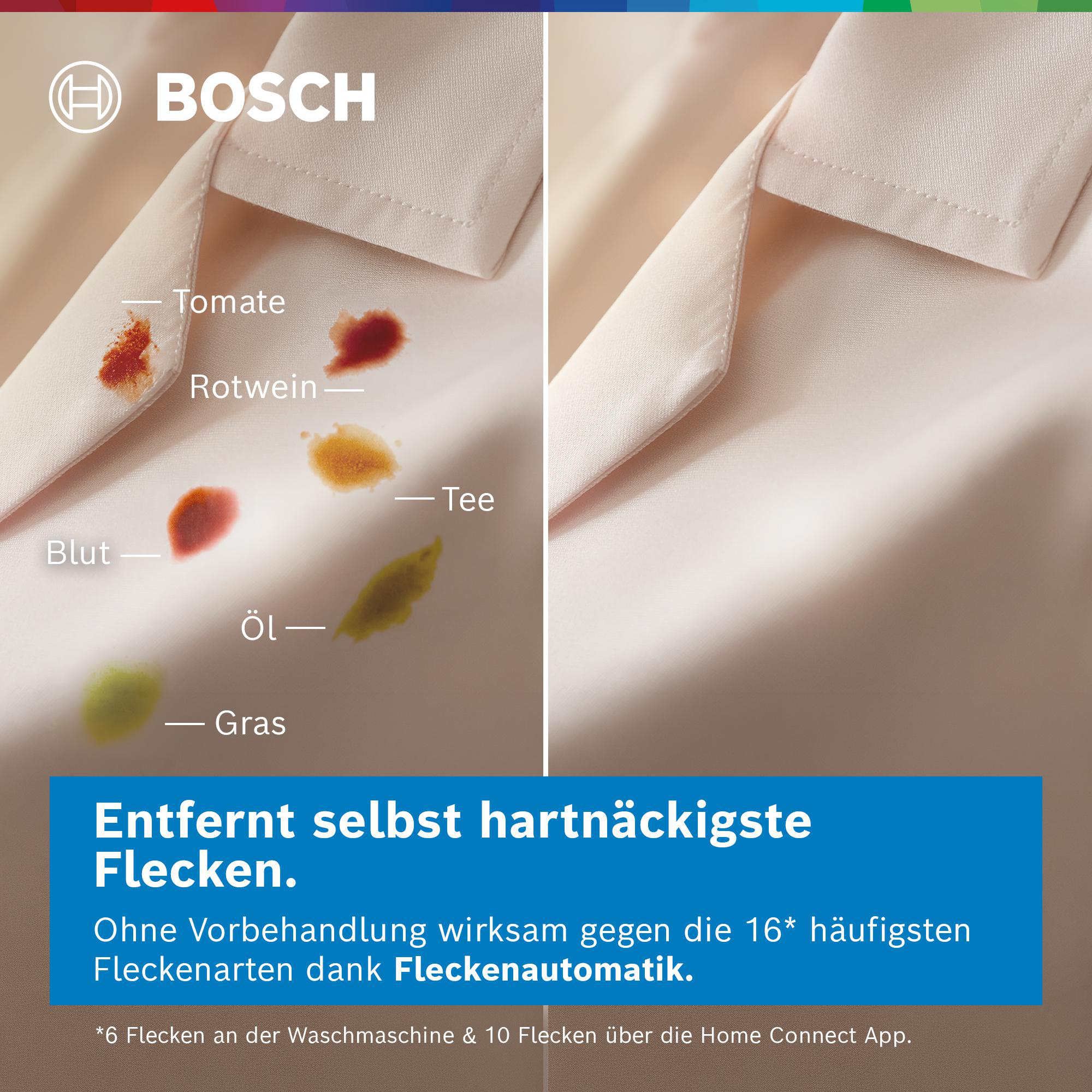 Links: Flecken auf Stoff. Rechts: Sauberer Stoff. Bosch Logo.
