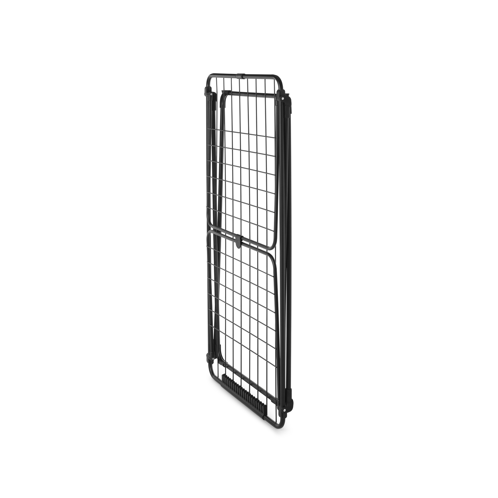 Ein zusammengeklappter schwarzer Wäscheständer mit quadratischem Gitterdesign.