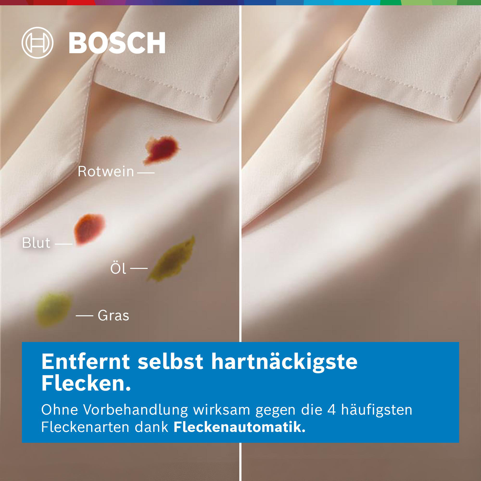 Bosch Logo. Vorher/Nachher Vergleich von Wäsche mit Flecken wie Rotwein, Blut, Öl, Gras.