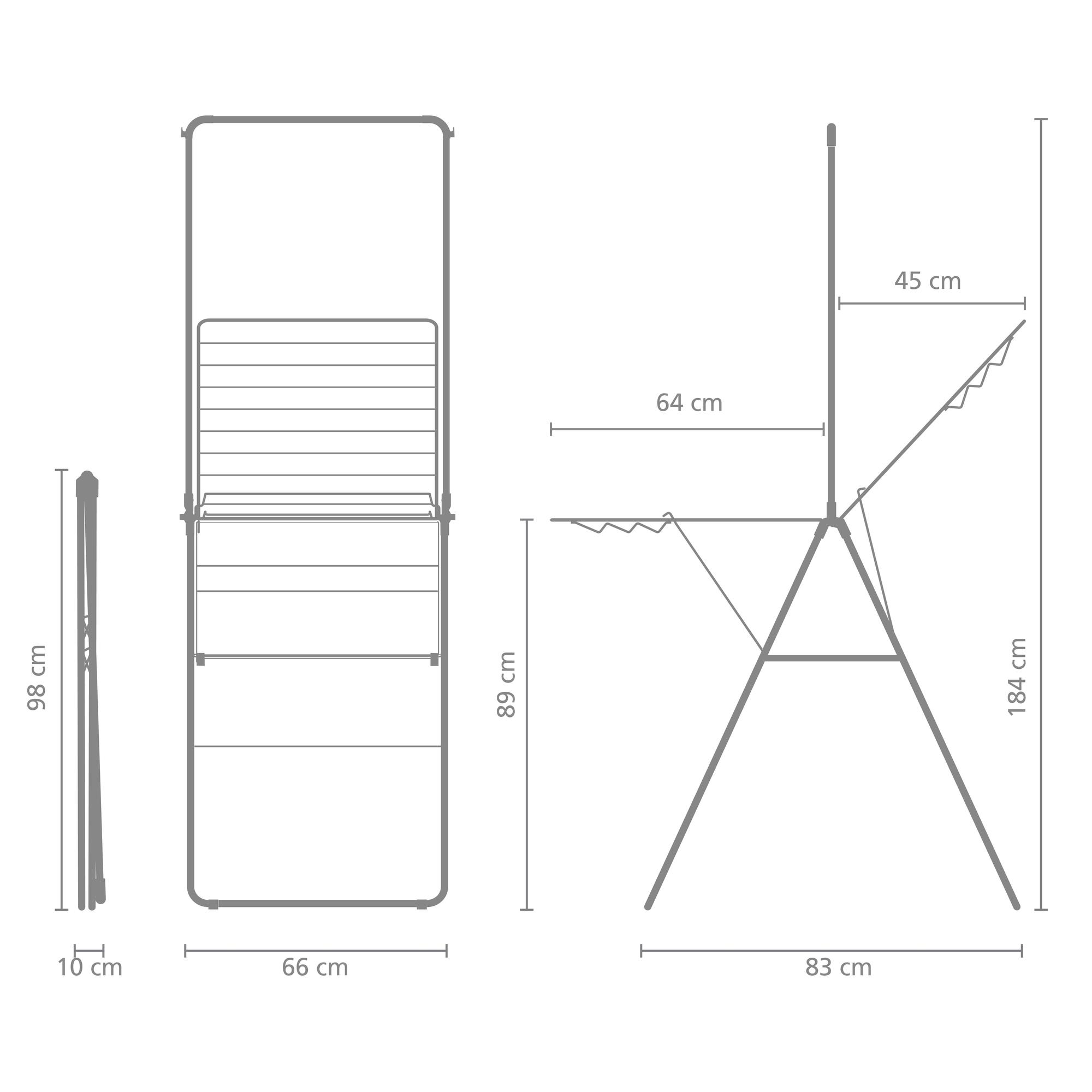 Abmessungen eines Wäscheständers: Höhe 98 cm, Breite 66 cm, Tiefe 10 cm.