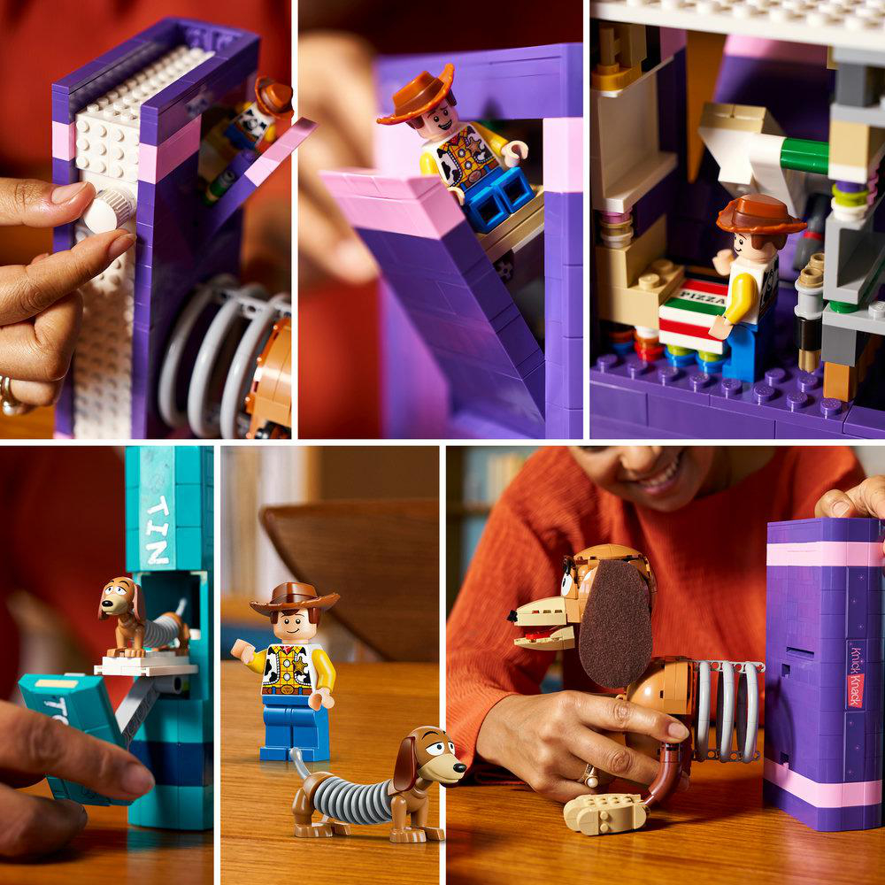 Lego Woody und Slinky Dog in einem Spielset mit Pizza-Box und lila Elementen.