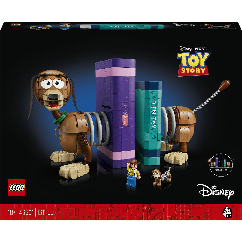 LEGO Toy Story Slinky Dog als Buchstütze mit Woody und Slinky.