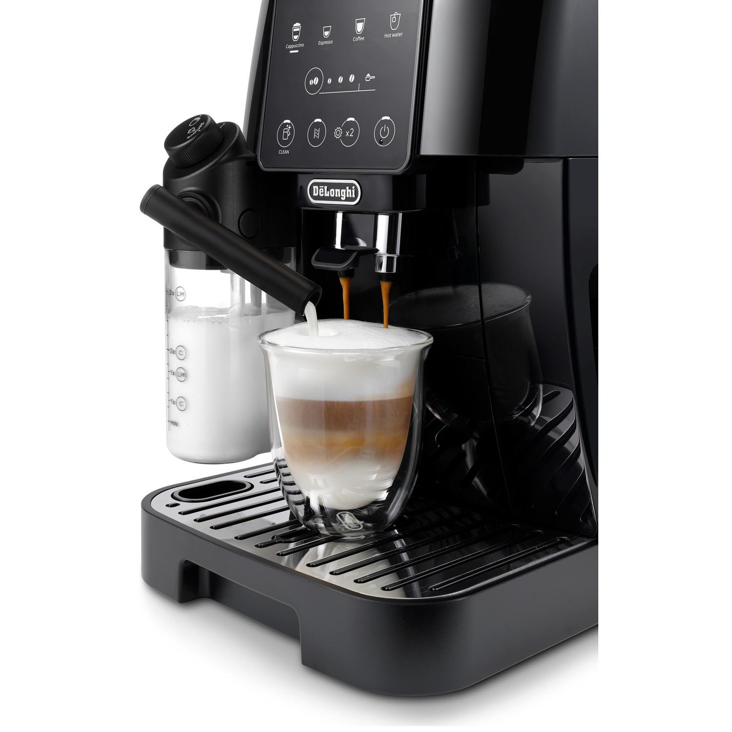 A black DeLonghi coffee machine brews a latte into a glass.