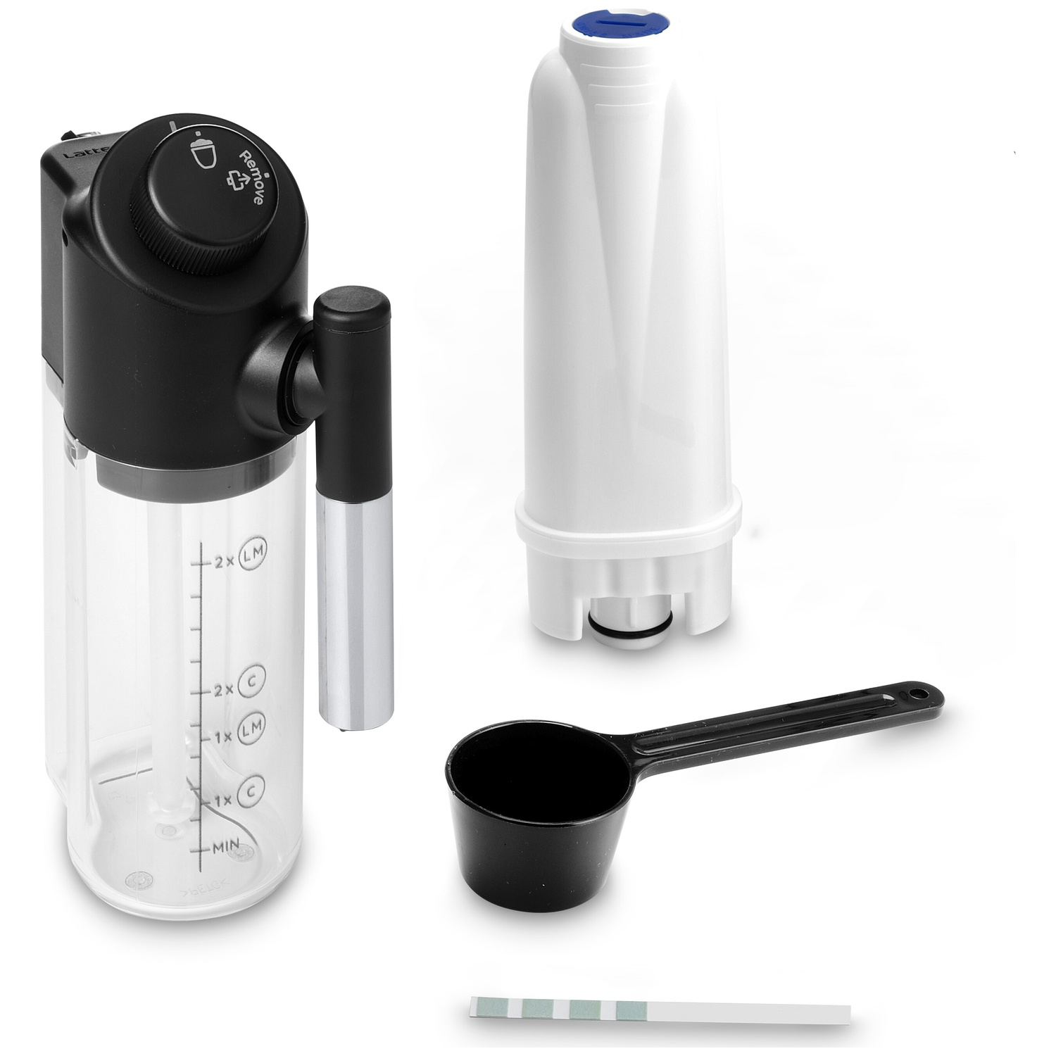 Milk frother jug, water filter, scoop, and test strip on a white background.