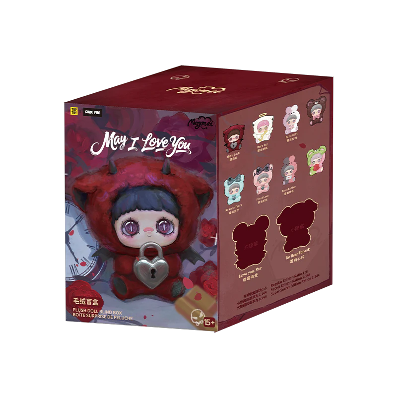 Verpackung einer "May I Love You" Plüschpuppen-Blindbox mit einem roten Teufel-Mädchen-Design.