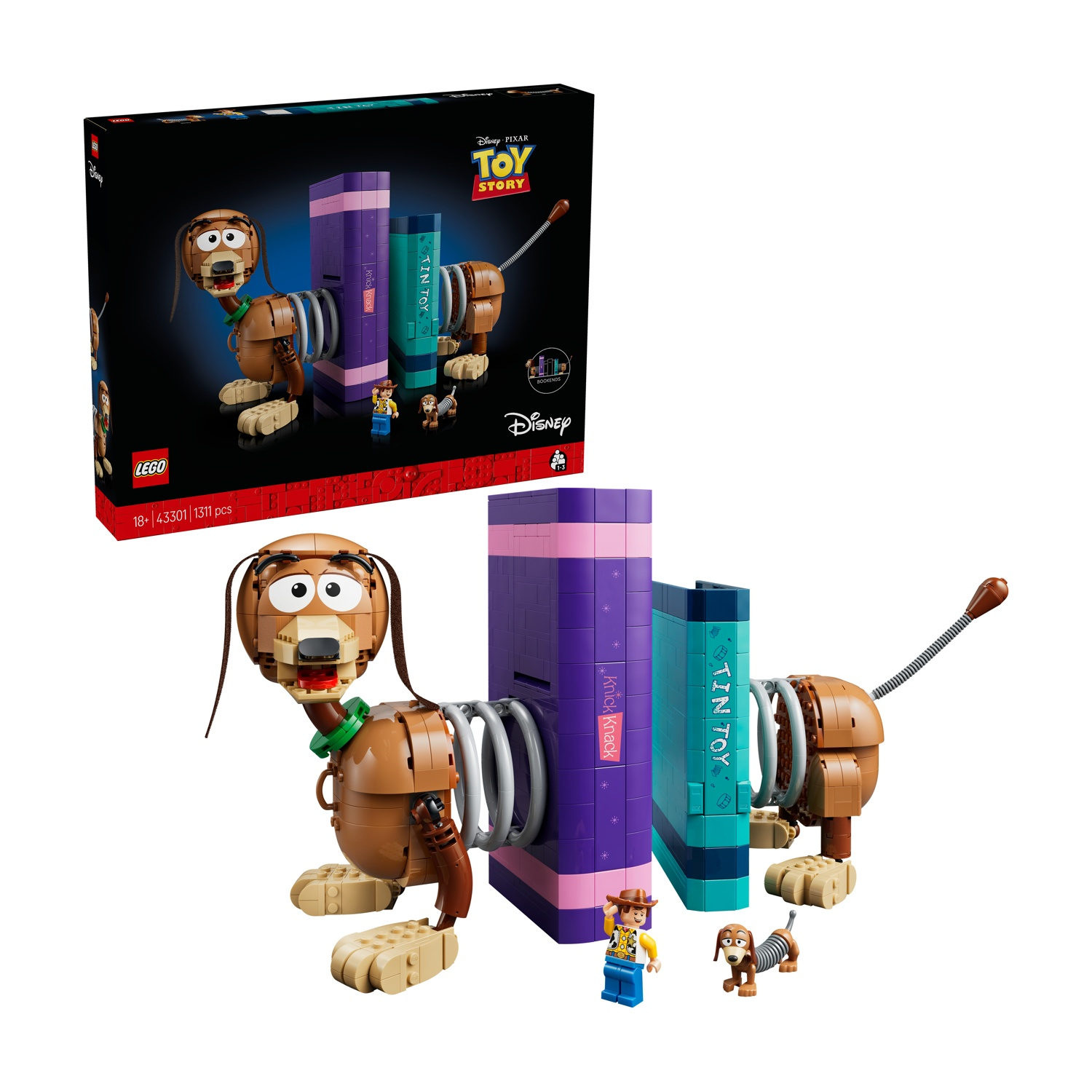 Fermalibri LEGO Slinky Dog con minifigure di Woody e Slinky su sfondo bianco.