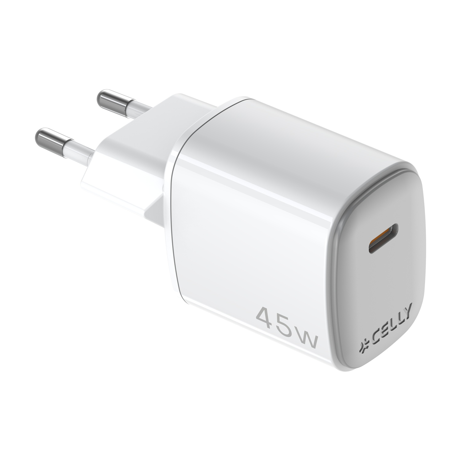 Un alimentatore Celly bianco da 45W con porta USB-C e due pin metallici.