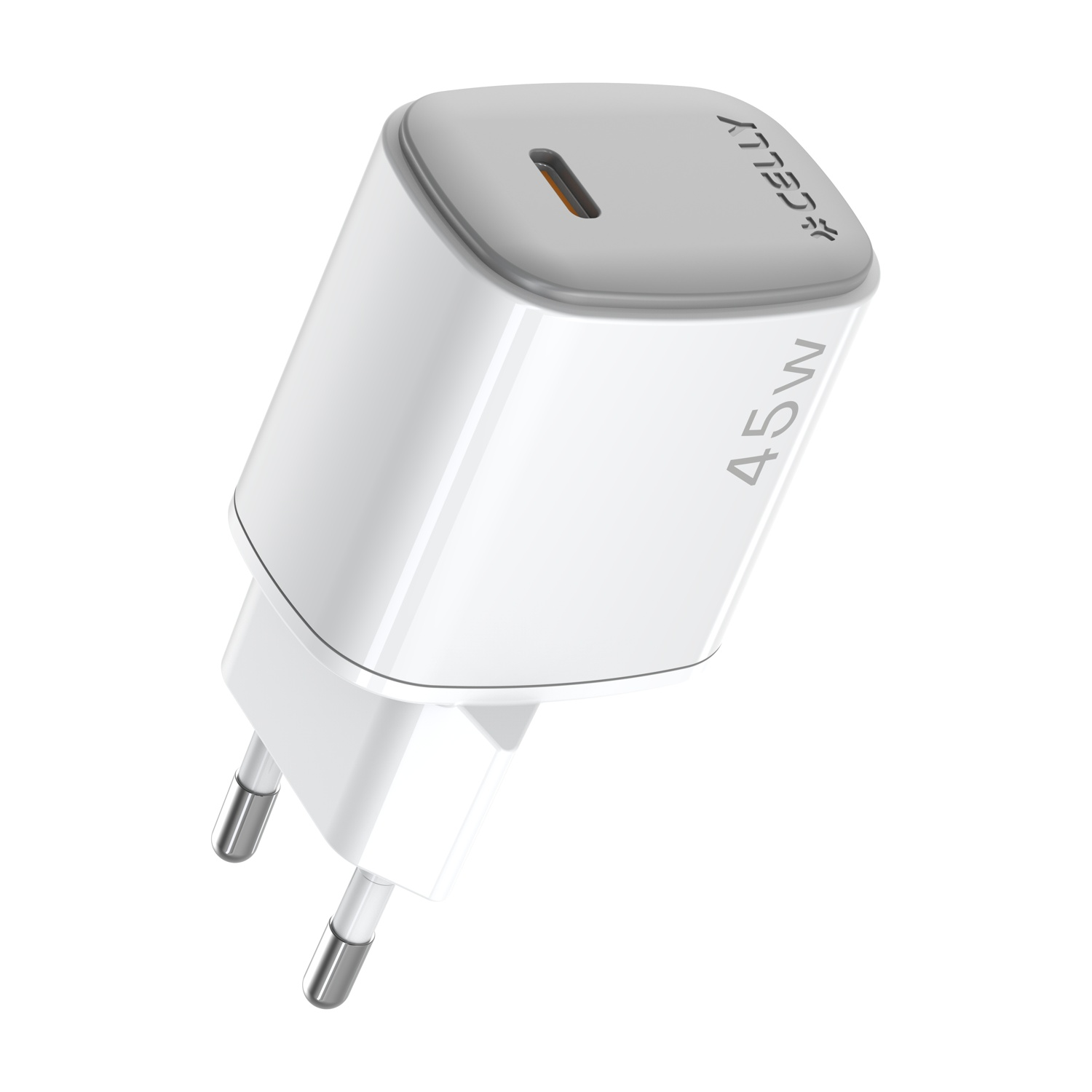 Caricatore USB-C bianco da 45W con bordo grigio e logo CELLEY.