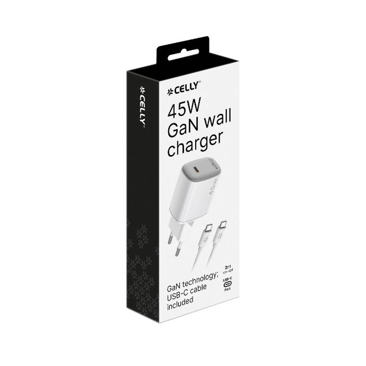 Scatola bianca e nera per un caricatore da muro GaN da 45W con caricatore e cavo USB-C.