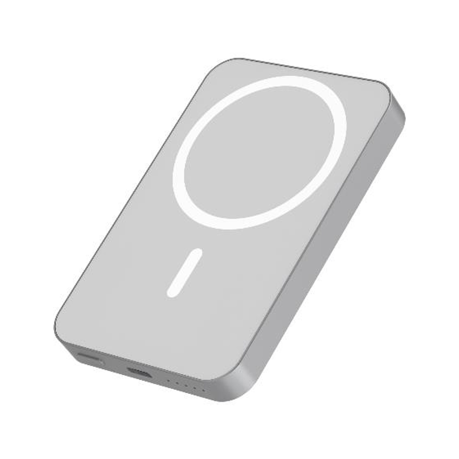 Un caricabatterie grigio rettangolare con angoli arrotondati e un cerchio bianco.