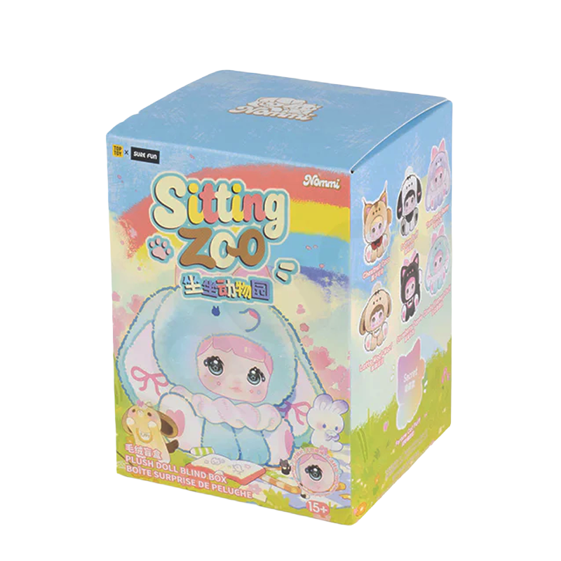 Ein Karton für eine Sitting Zoo Plüschtier-Blindbox mit bunten Illustrationen.