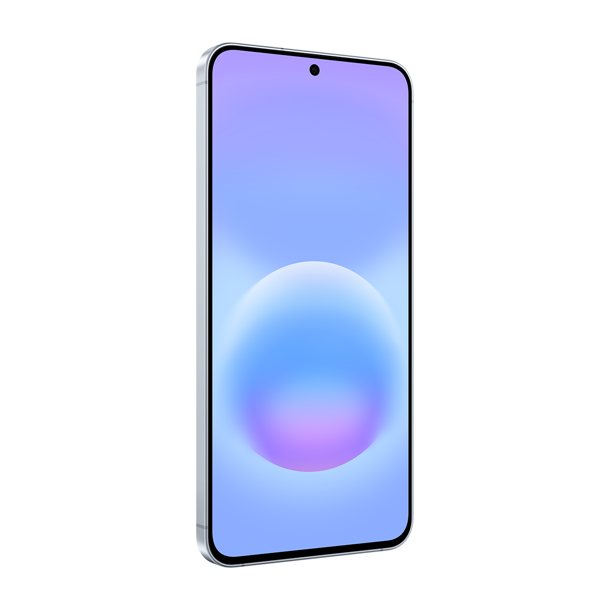 Gümüş renkli, ekranında holografik mavi ve mor daire bulunan bir akıllı telefon.