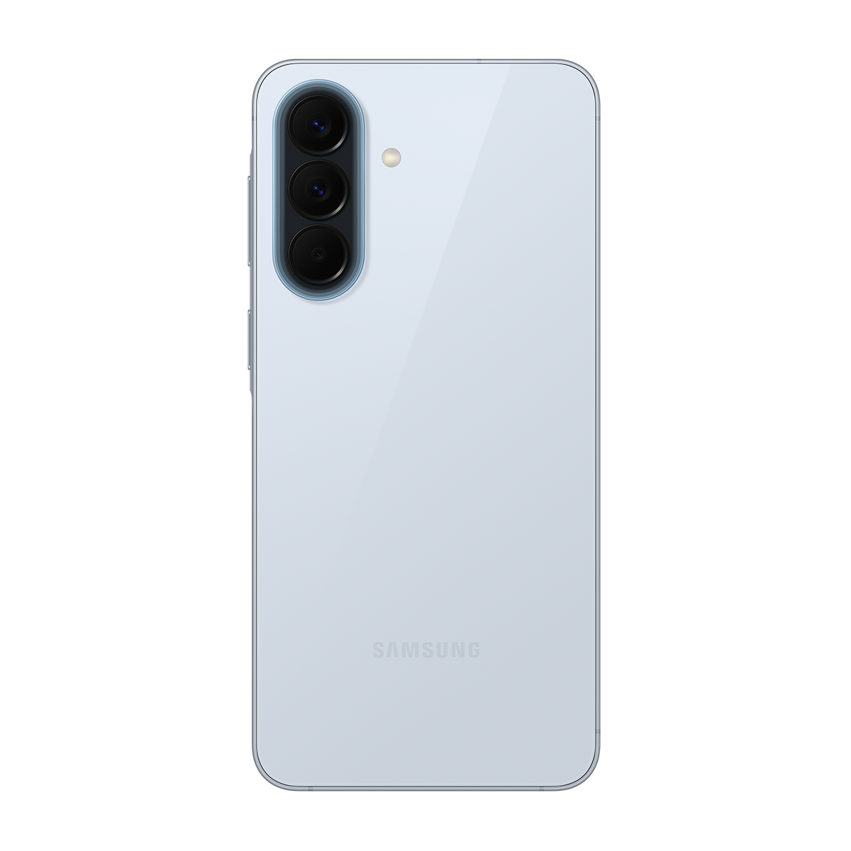 Üç kameralı ve Samsung logolu açık mavi akıllı telefonun arkası.