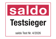 Saldo Testsieger Logo mit rotem Balken und weißem Text 'saldo'. Darunter 'Testsieger' in Schwarz.