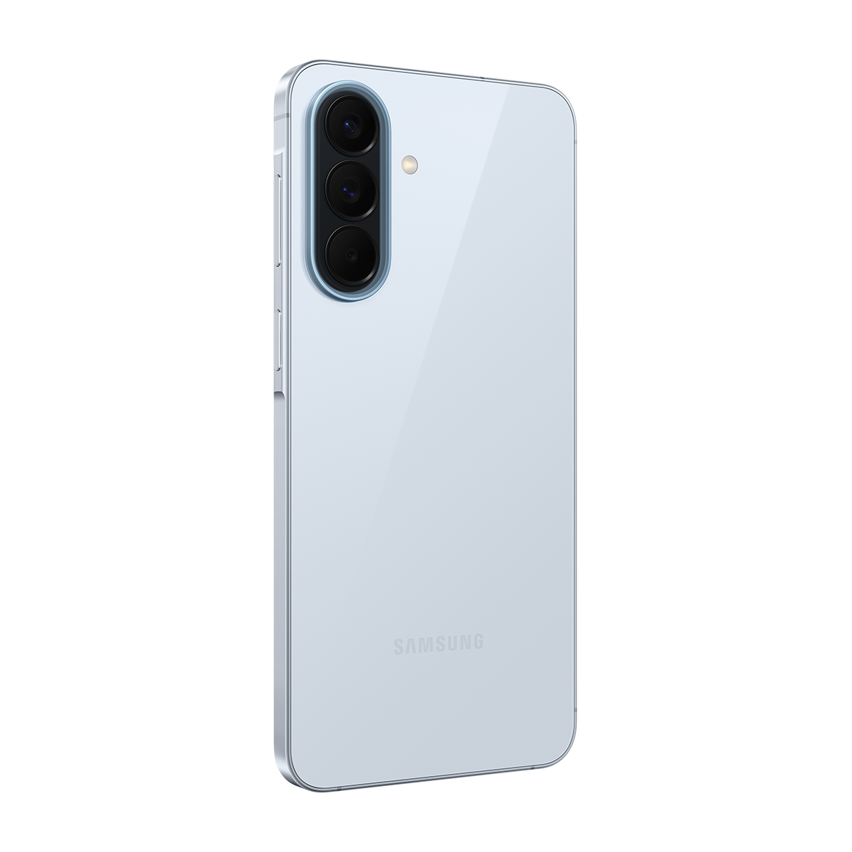 Gümüş çerçeveli, üç kameralı açık mavi Samsung akıllı telefon.