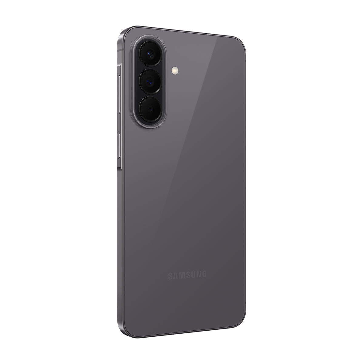 Üç kameralı ve flaşlı gri Samsung akıllı telefonun arka yüzü.