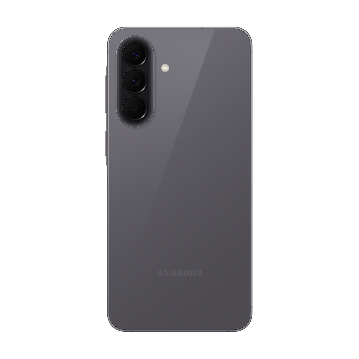 Üç kamera lensi ve flaşlı gri Samsung akıllı telefonun arkası.