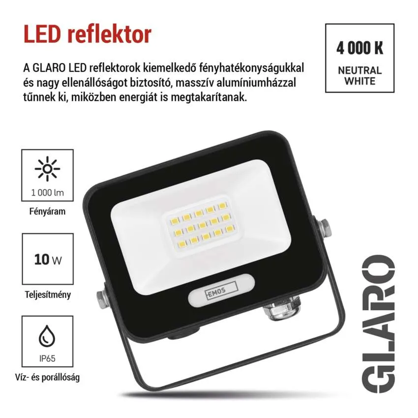 Fekete LED-reflektor ezüst állvánnyal, 1000 lm, 10 W, IP65, 4000 K.