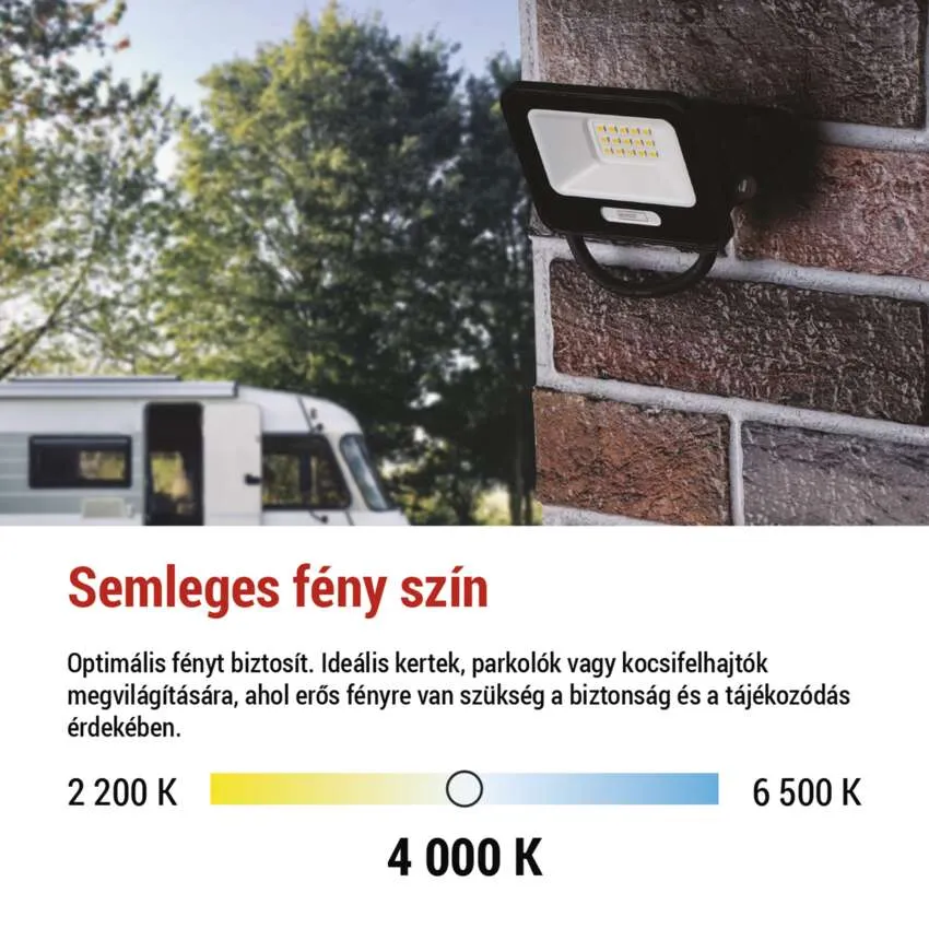 Fekete LED-es reflektor egy téglafalon, mellette lakókocsi.