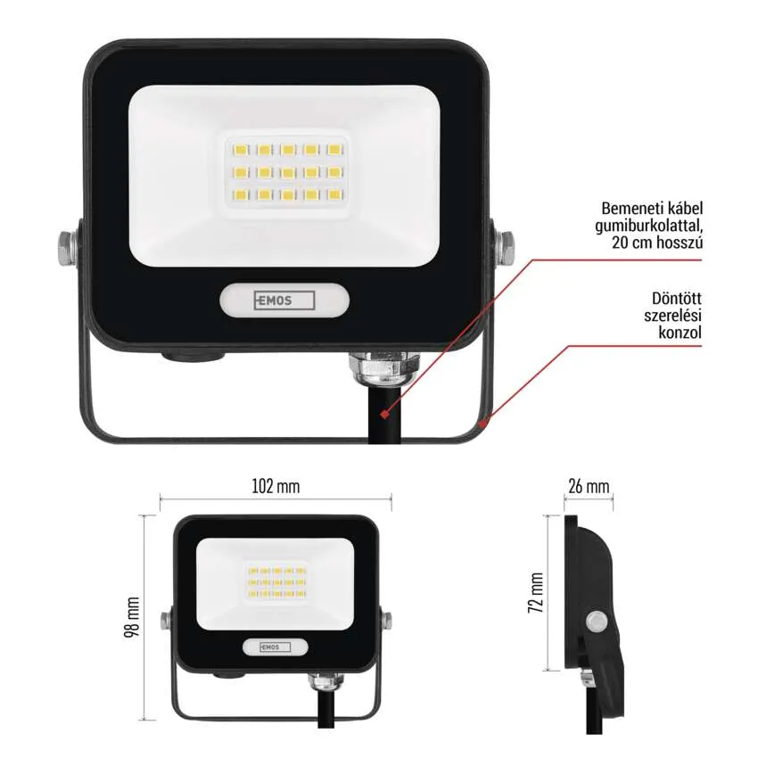 Fekete LED-es reflektor fém tartóval, méretekkel. 20cm-es kábel.