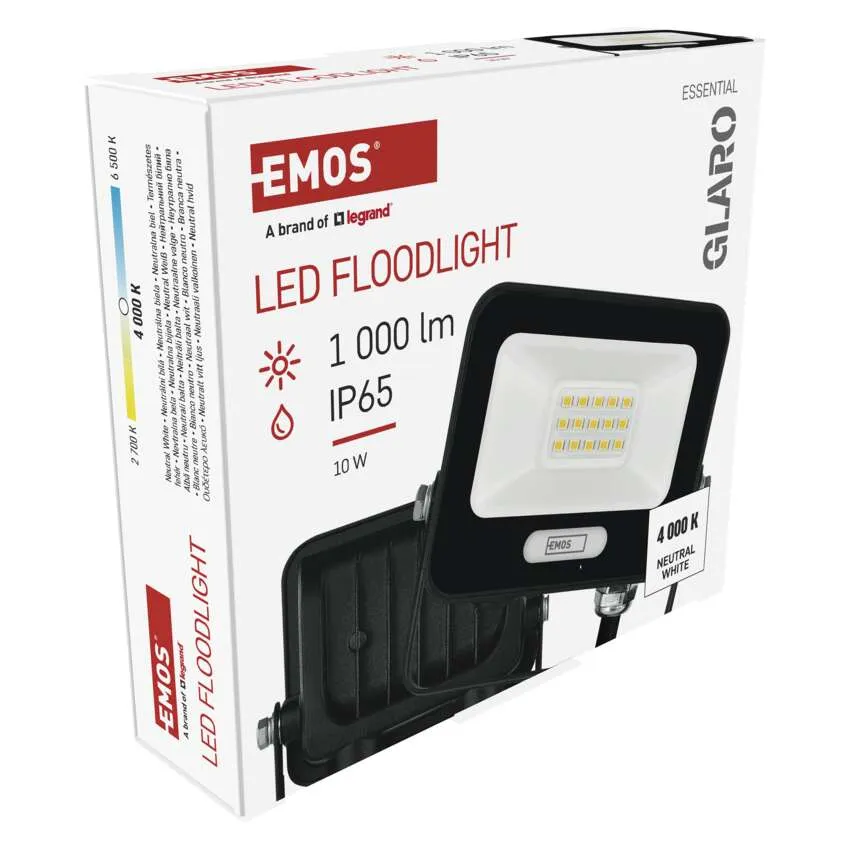 EMOS LED-es reflektor csomagolása, 10W, 1000 lm, IP65, 4000K, neutrál fehér.