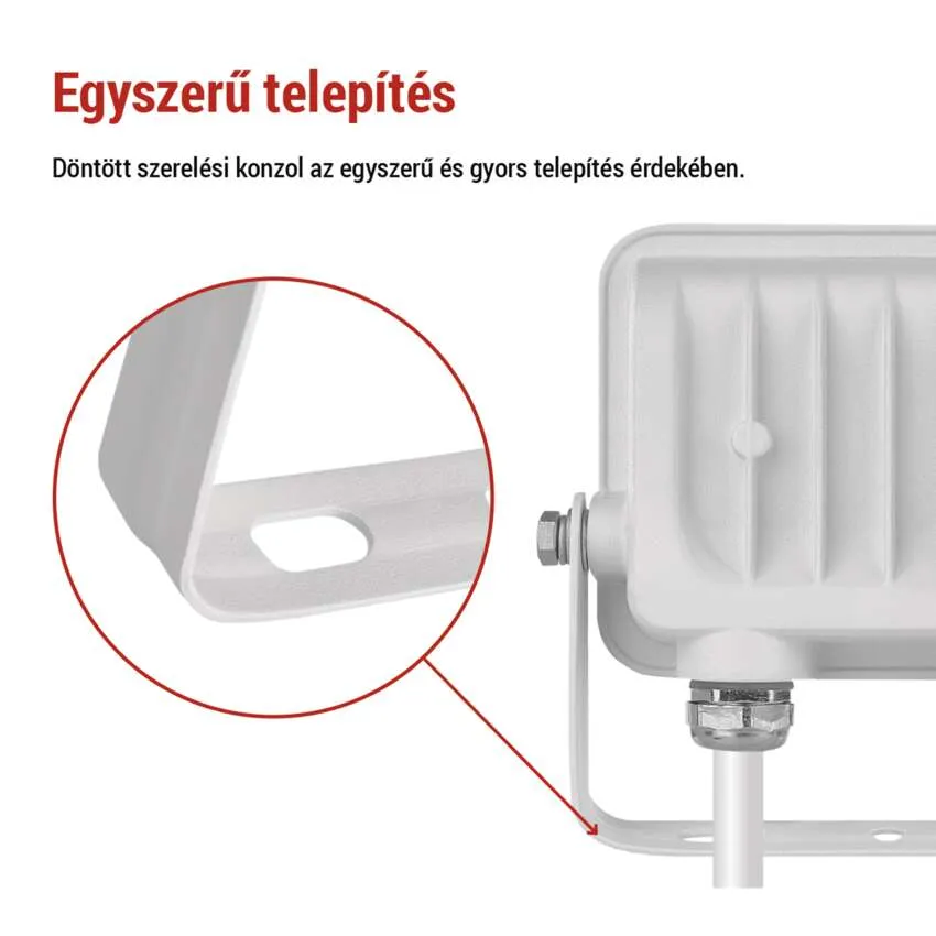 Fehér tartó kivágással az egyszerű rögzítéshez, tőle jobbra reflektor.