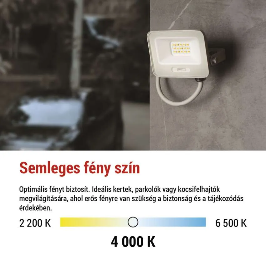 Egy fehér LED-es reflektor a falon, meleg-hideg színátmenettel.