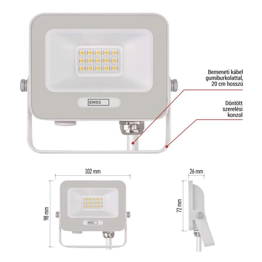 Fehér LED-es reflektor gumis bemeneti kábellel és állítható tartókonzollal.
