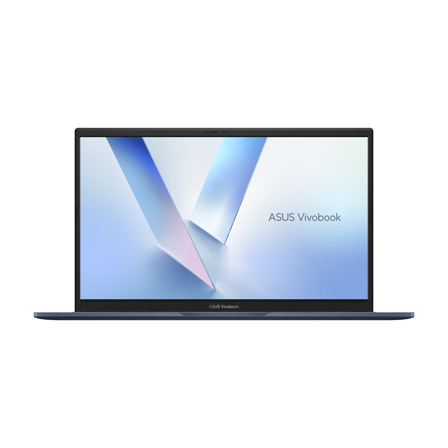 Un laptop ASUS Vivobook aperto, blu scuro, con uno sfondo blu astratto sullo schermo.