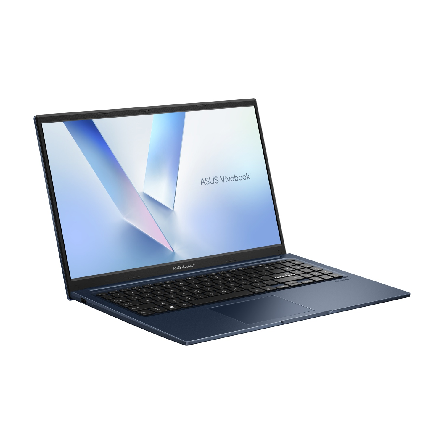 Un laptop ASUS Vivobook blu scuro è mostrato su sfondo bianco. È aperto, con tastiera visibile.