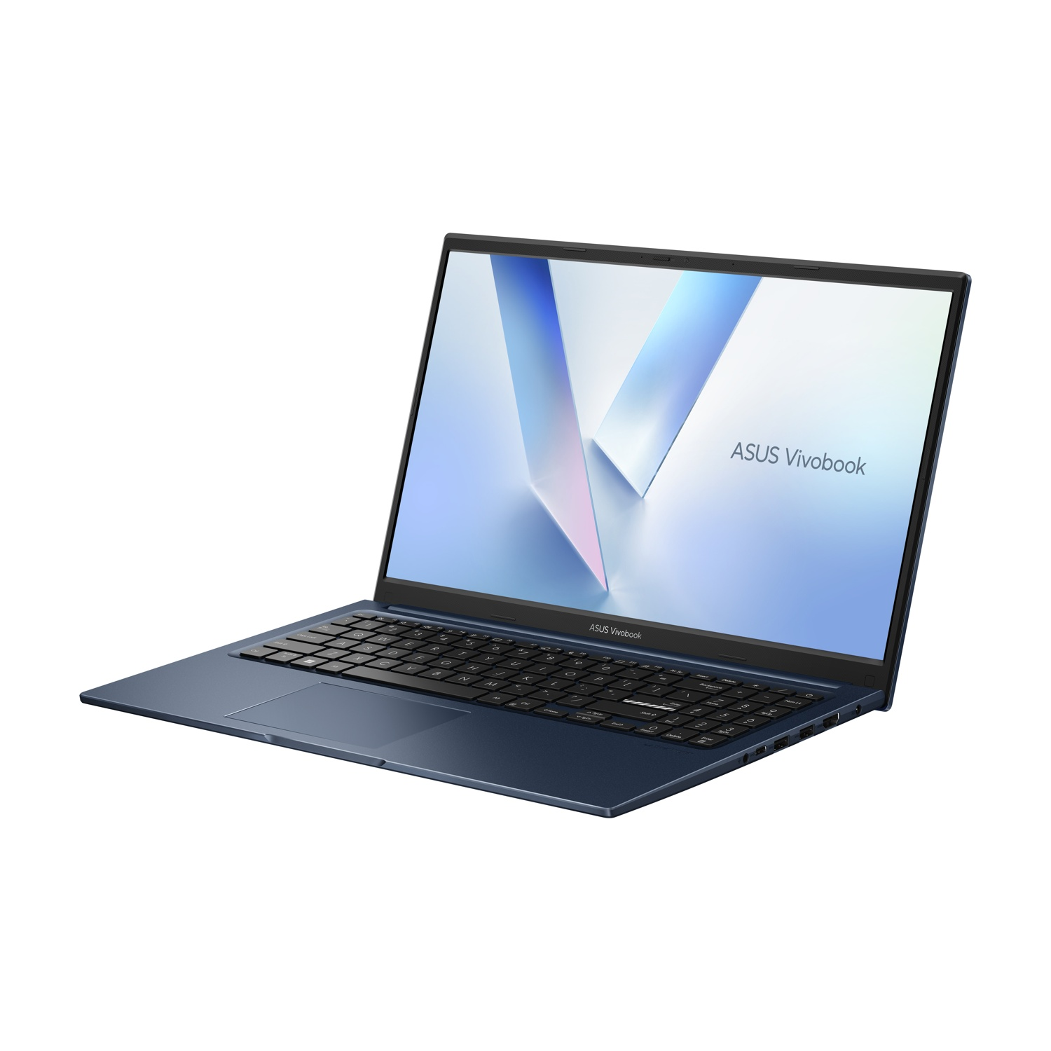 Un laptop ASUS Vivobook blu su sfondo bianco, mostrato di lato.