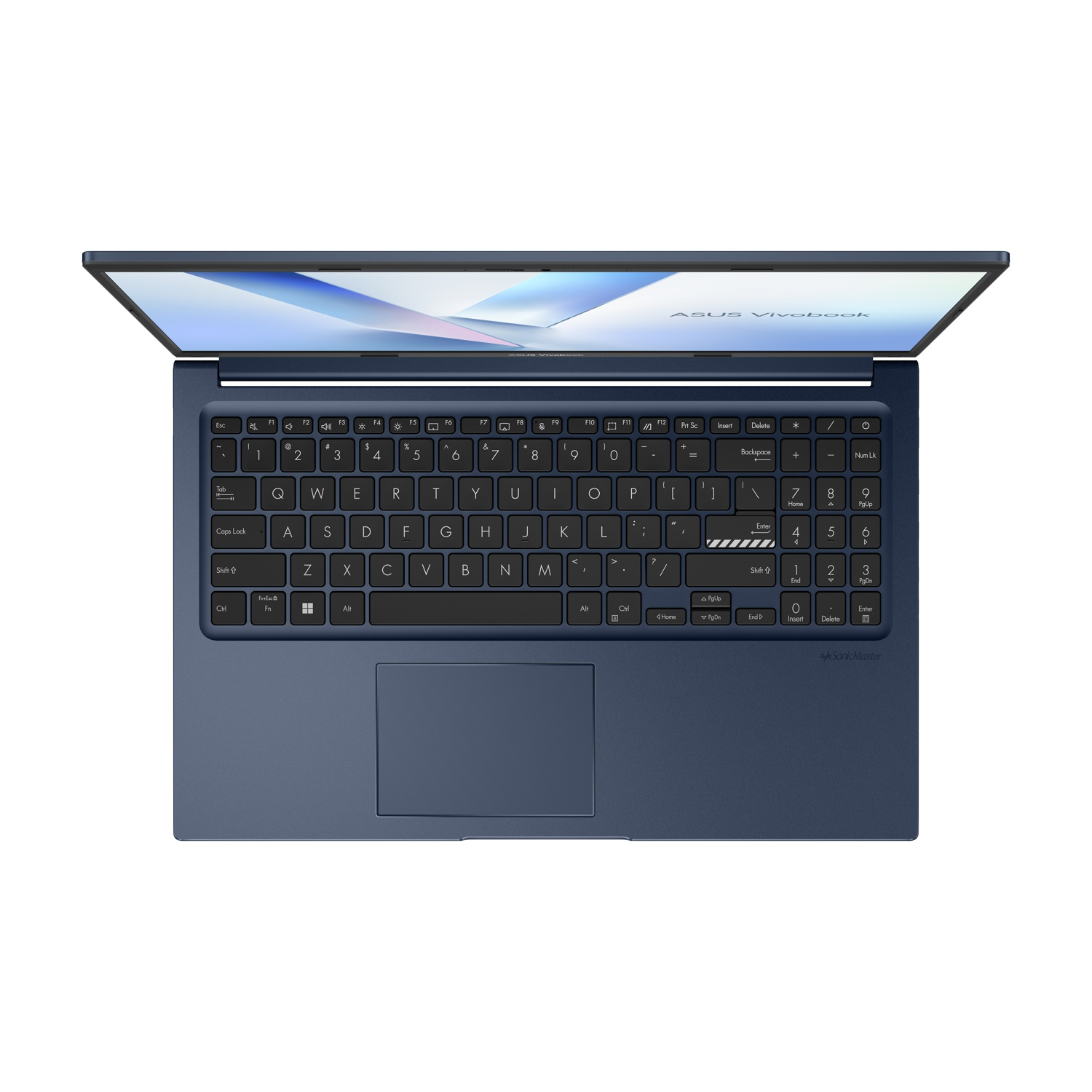 Un laptop Asus Vivobook blu scuro aperto, con tastiera e touchpad visibili.