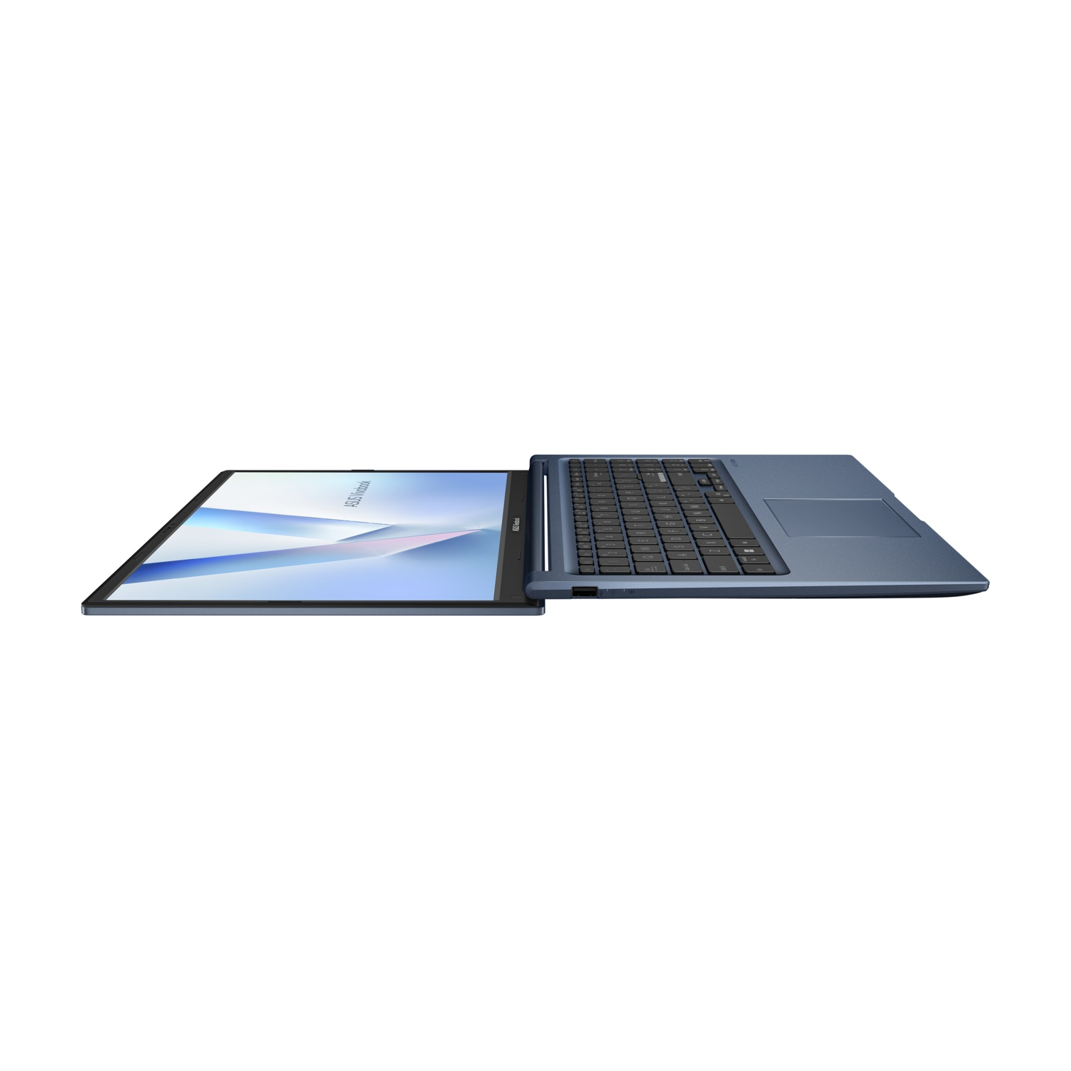 Un laptop blu con tastiera e schermo, visto di lato.