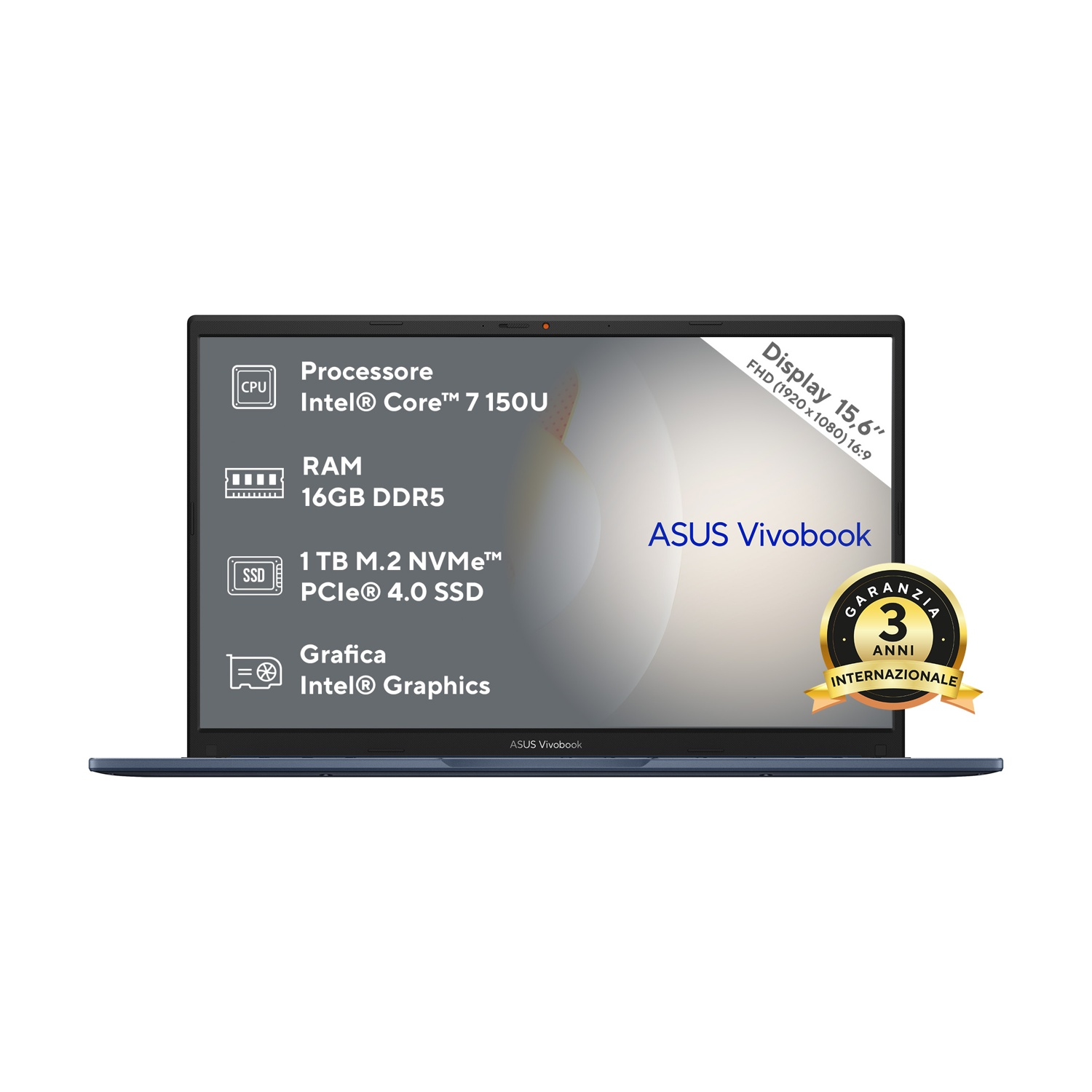 Un laptop ASUS Vivobook blu con display da 15,6 pollici, Intel Core 7, 16GB RAM e 1TB SSD.
