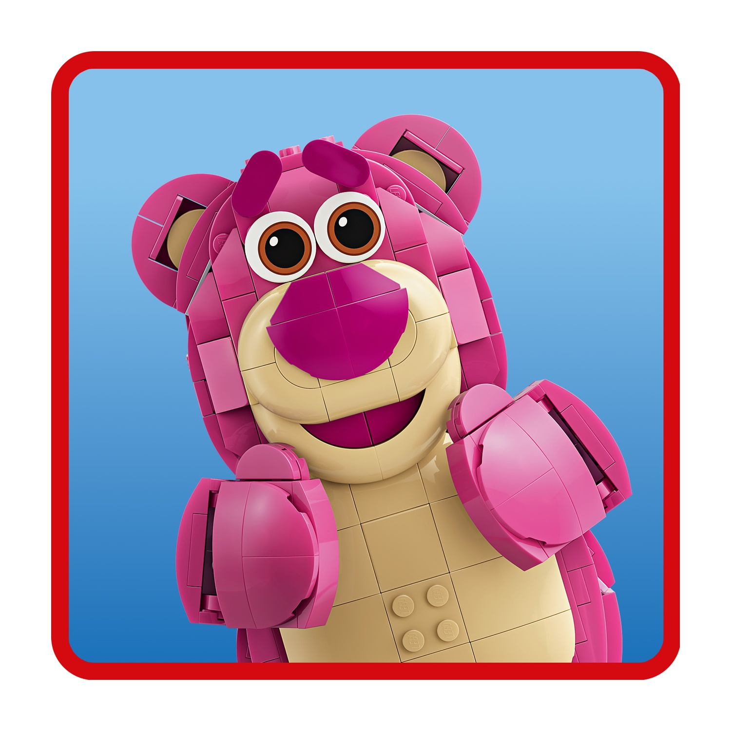 Un orso Lego rosa con grandi occhi marroni e naso viola.