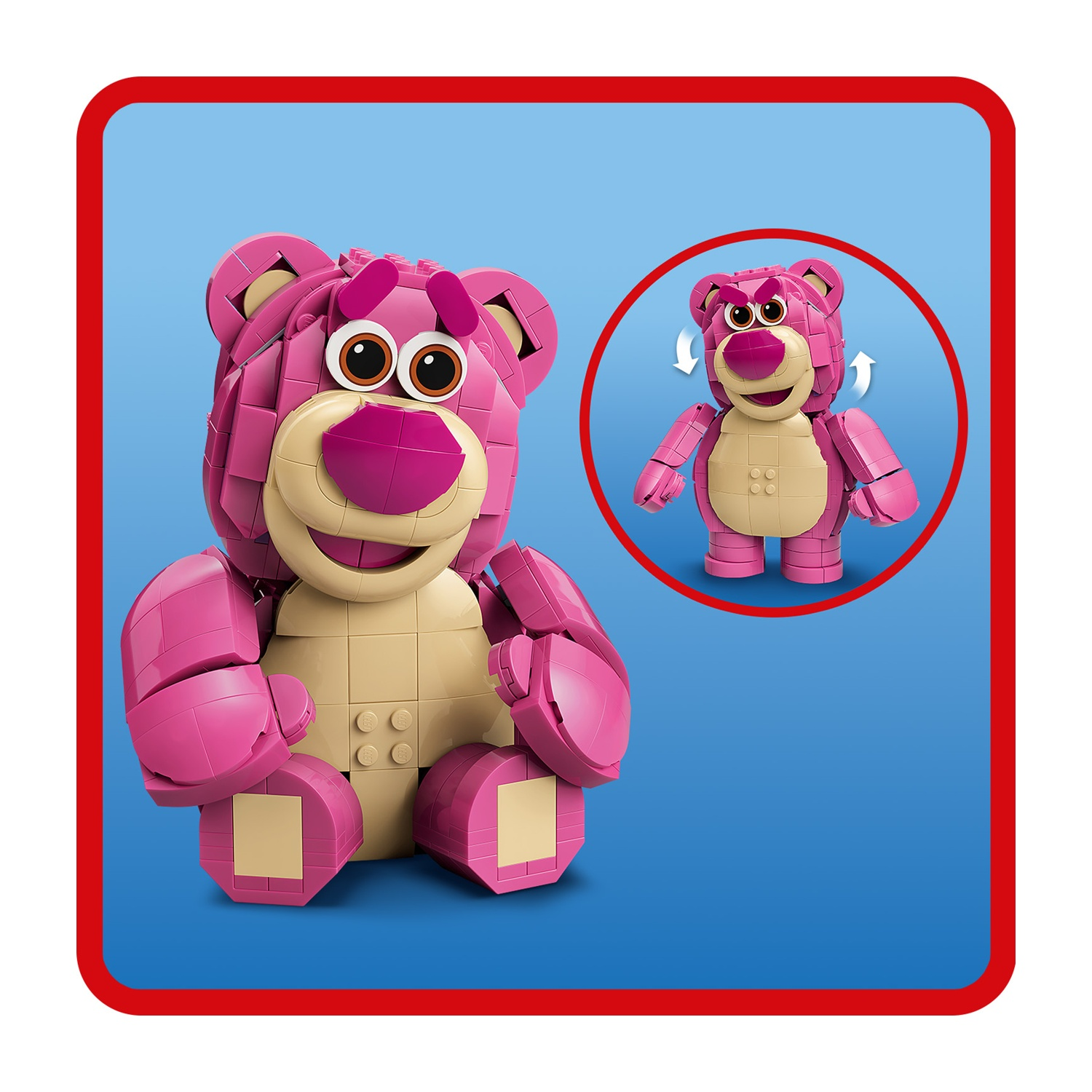 Un orso Lego rosa con pancia e muso beige.