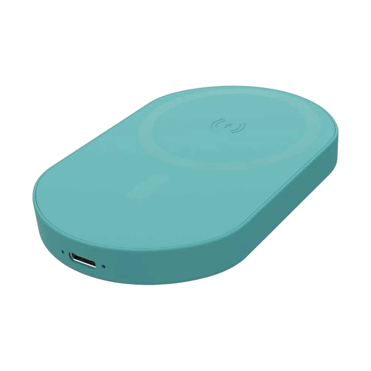 Un caricabatterie wireless color verde acqua con porta USB-C.